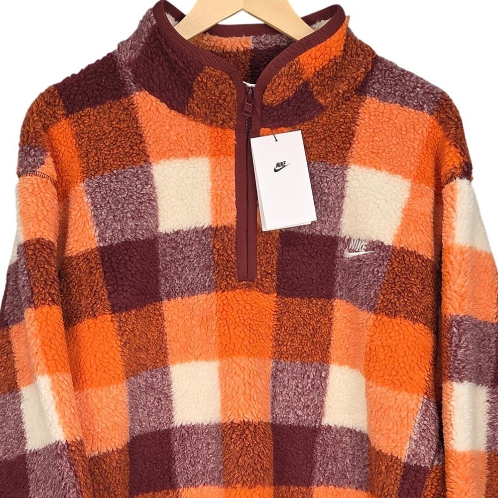 Nike Club Winterized Half Zip Sherpa Fleece Pullover Mens Large Orange Plaid NEW